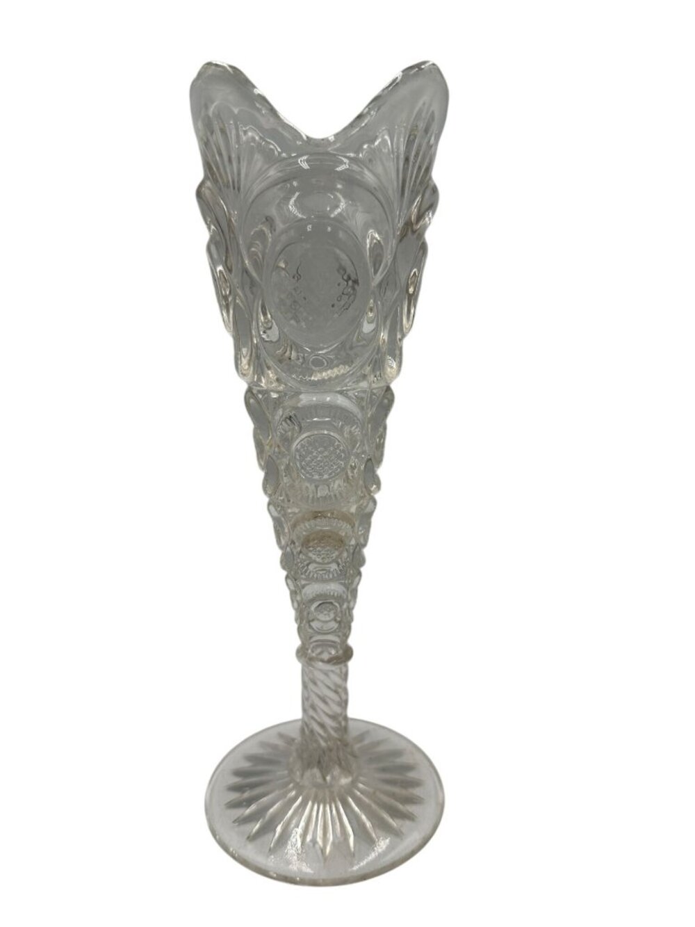 Vintage Clear Pressed Glass Bud Vase Intricate Patterned Design & Flared Rim
